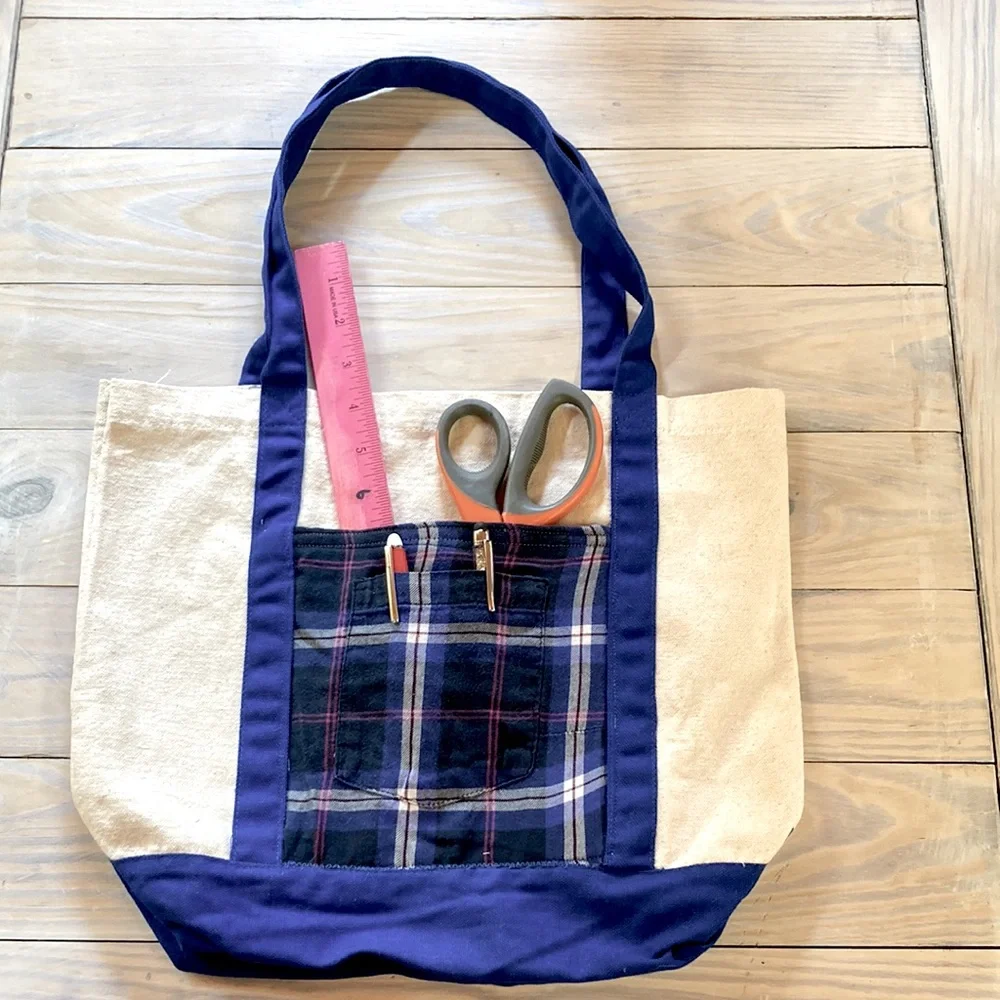 Canvas Tote Book Bag Plaid Double Pocket Shoulder Straps 14.5 x 13 x 5 inches